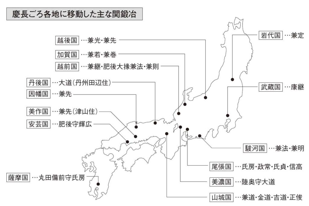 慶長ごろ各地に移動した主な関鍛冶